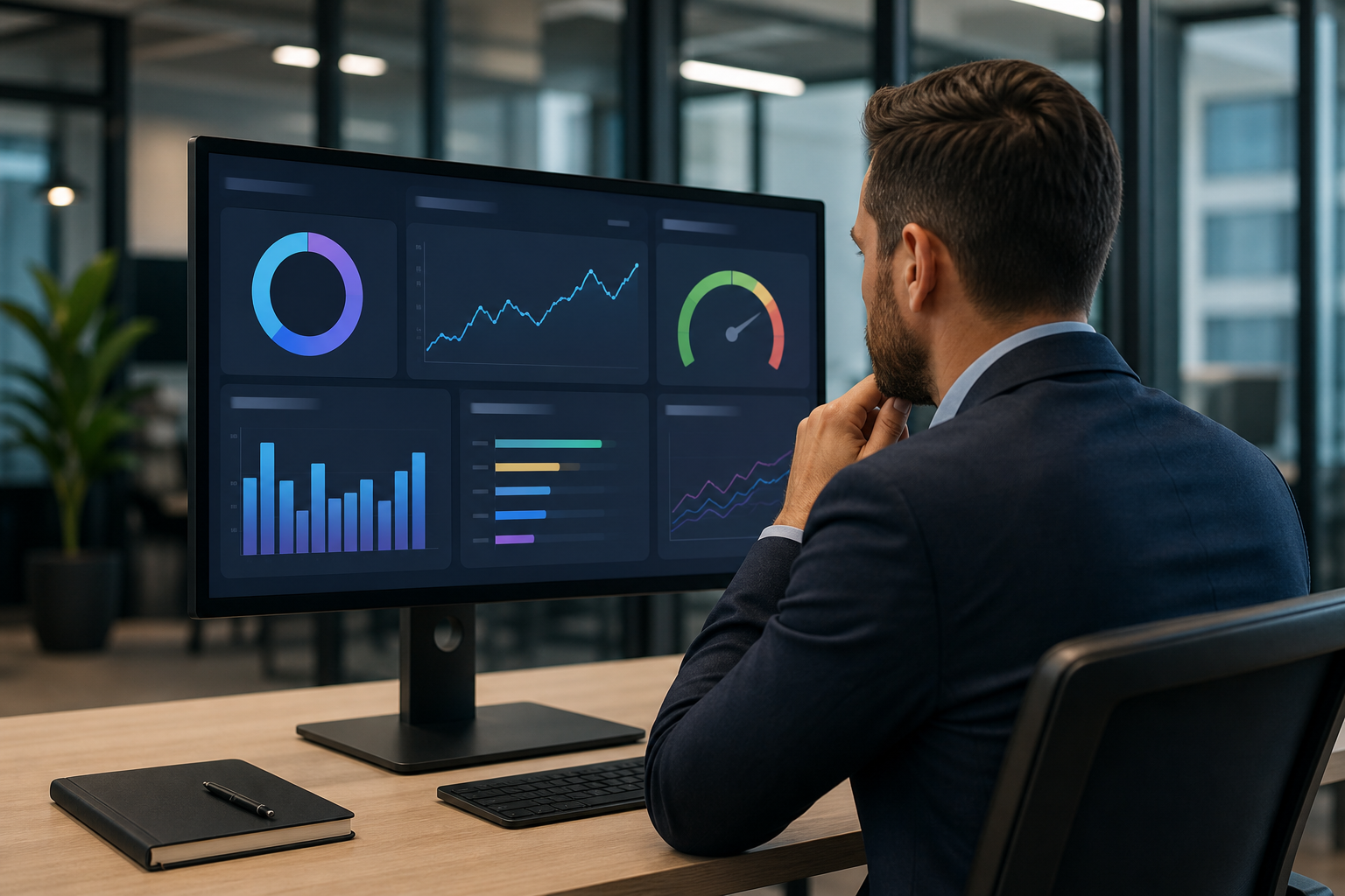 Manažér sleduje dashboard s KPI pre AI automatizácie.