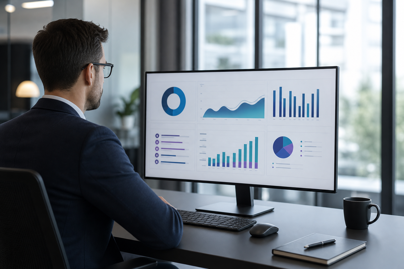 Manažér pri dashboarde sledujúci metriky administratívnych procesov a úloh.