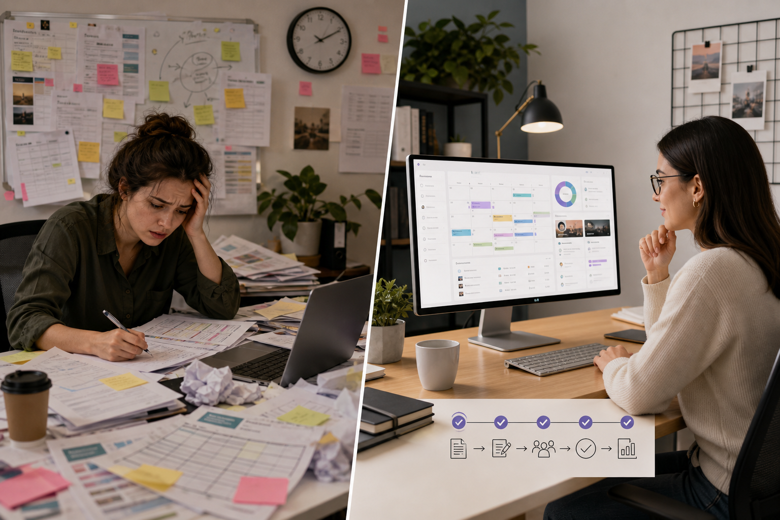 Comparison illustration of manual content planning versus automated content planning.