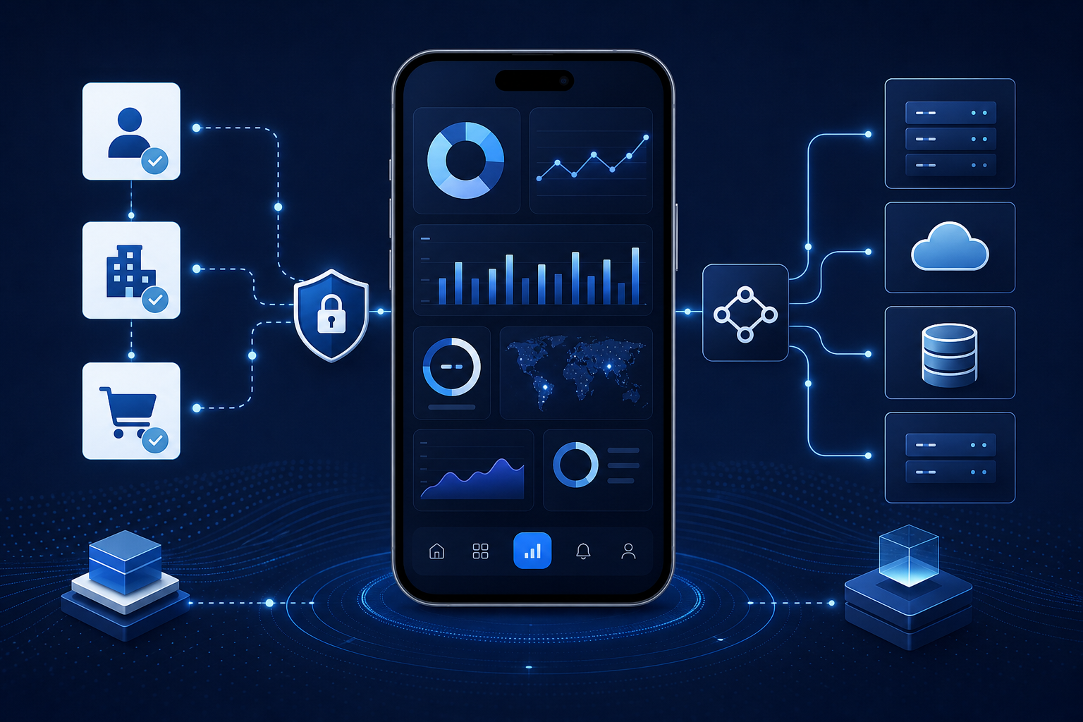 Analytický panel mobilnej aplikácie prepojený s CRM a backend systémami.