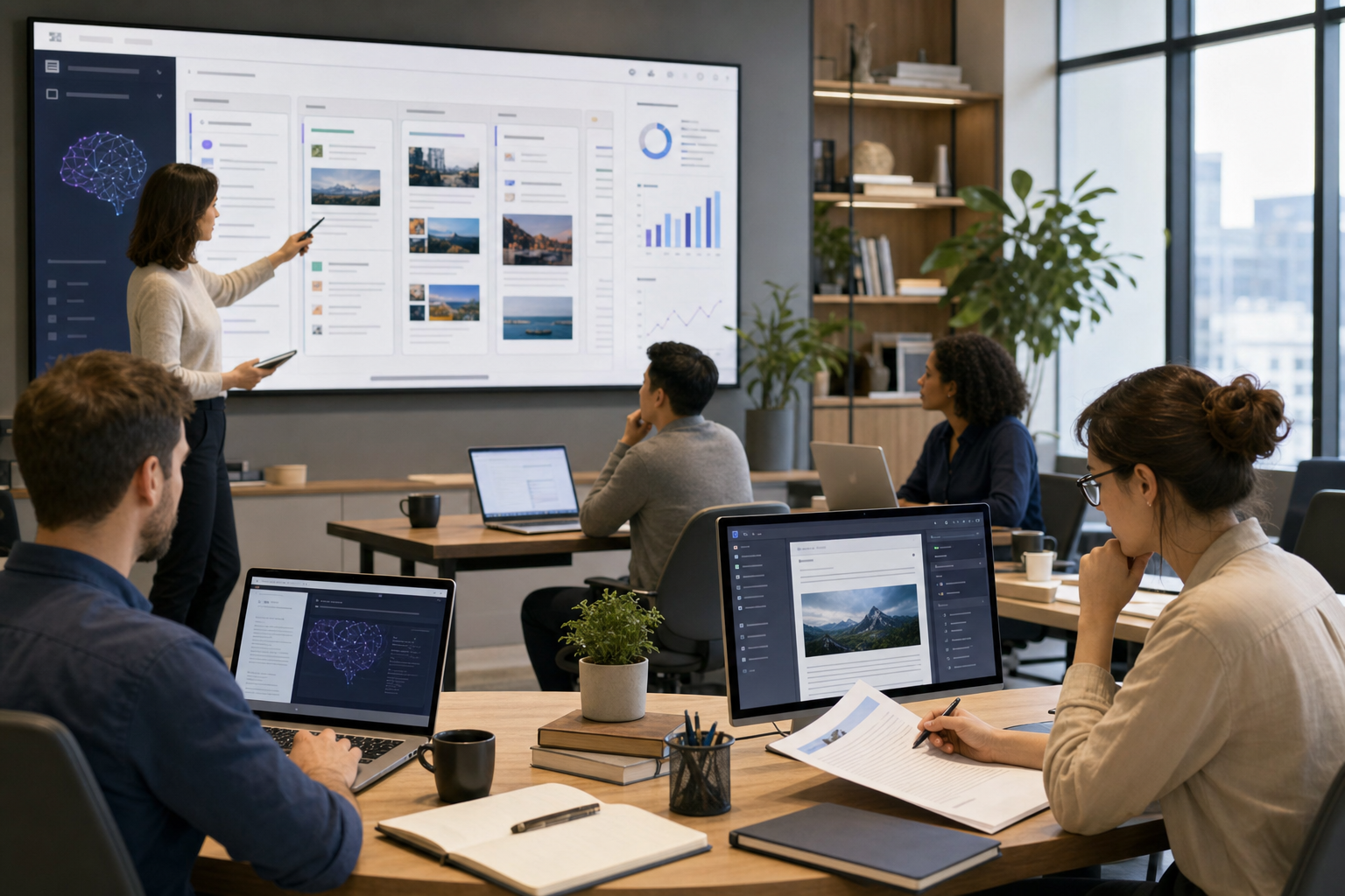 A content team using AI-assisted workflows to plan, draft, review, and publish articles at scale.
