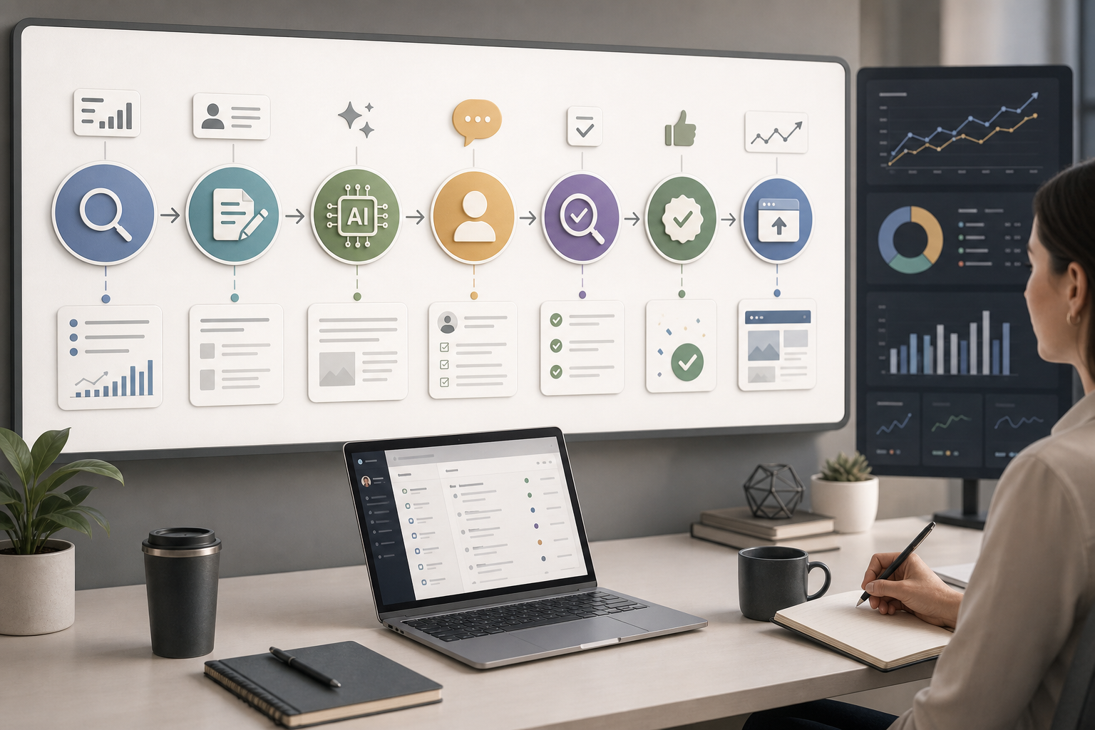 Editorial illustration of a B2B AI content publishing workflow from research and drafting to review, publishing, and analytics.