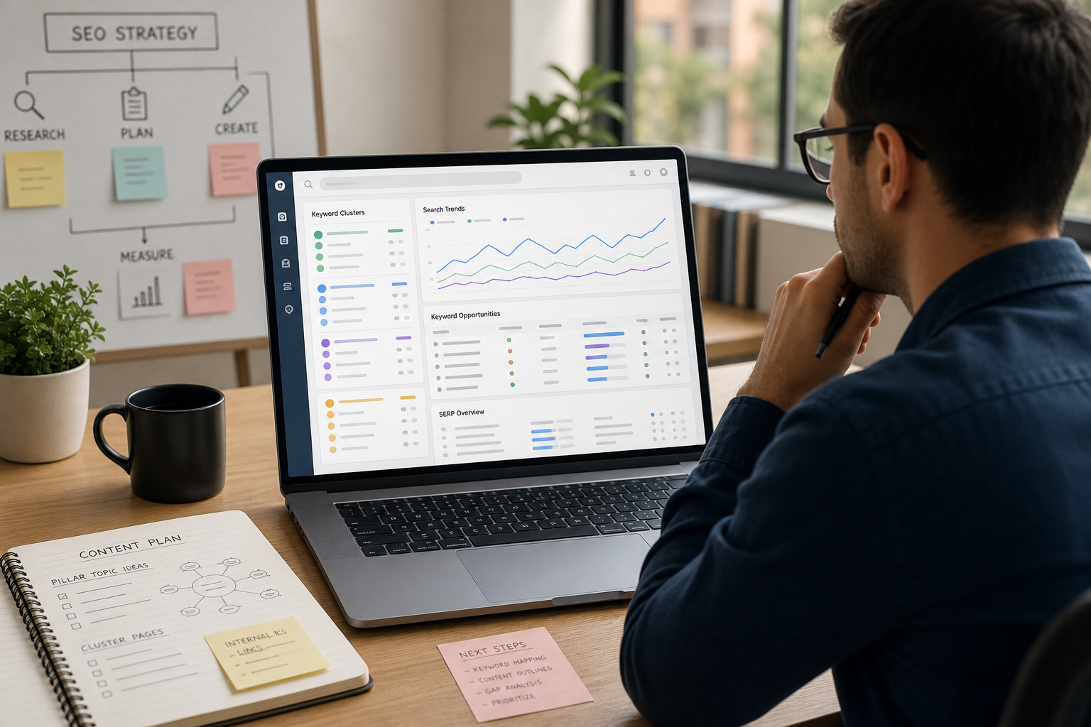 An SEO strategist looking at a laptop with a keyword research dashboard, trend charts, and clustered topic notes on a desk.
