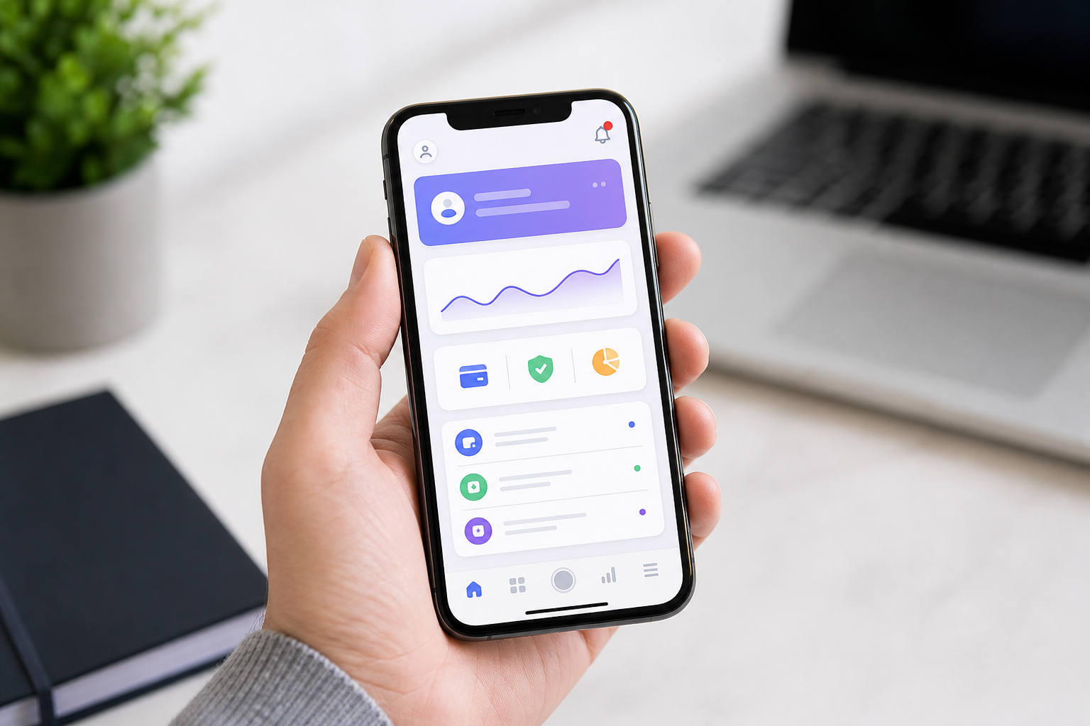 Smartfón zobrazuje mobilnú aplikáciu s dashboardom, notifikáciami a rýchlou navigáciou.