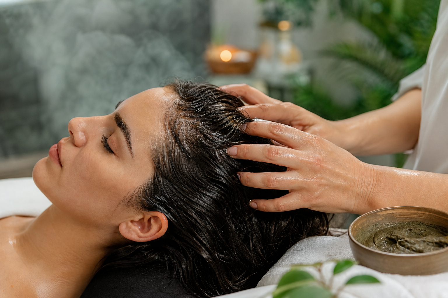 Detail jemnej masáže pokožky hlavy s dôrazom na vlasy, ruky terapeutky a wellness atmosféru.