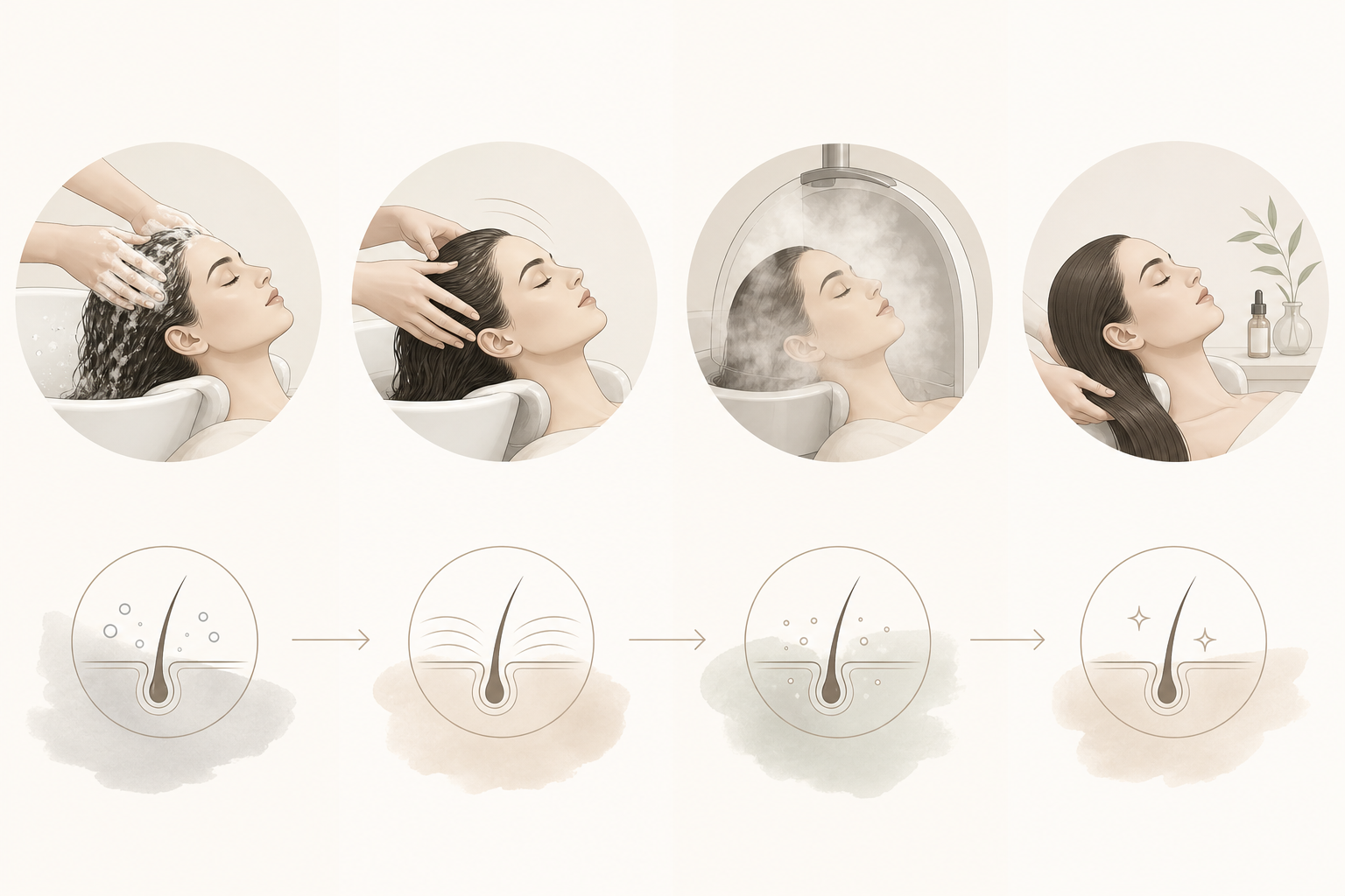 Ilustrácia štyroch krokov head spa rituálu od čistenia po regeneráciu vlasov.