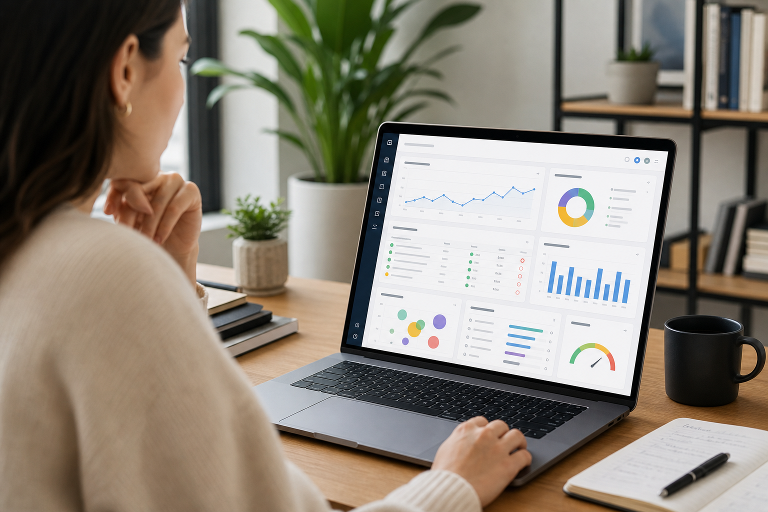 Marketer reviewing a website content analysis dashboard on a laptop at a desk