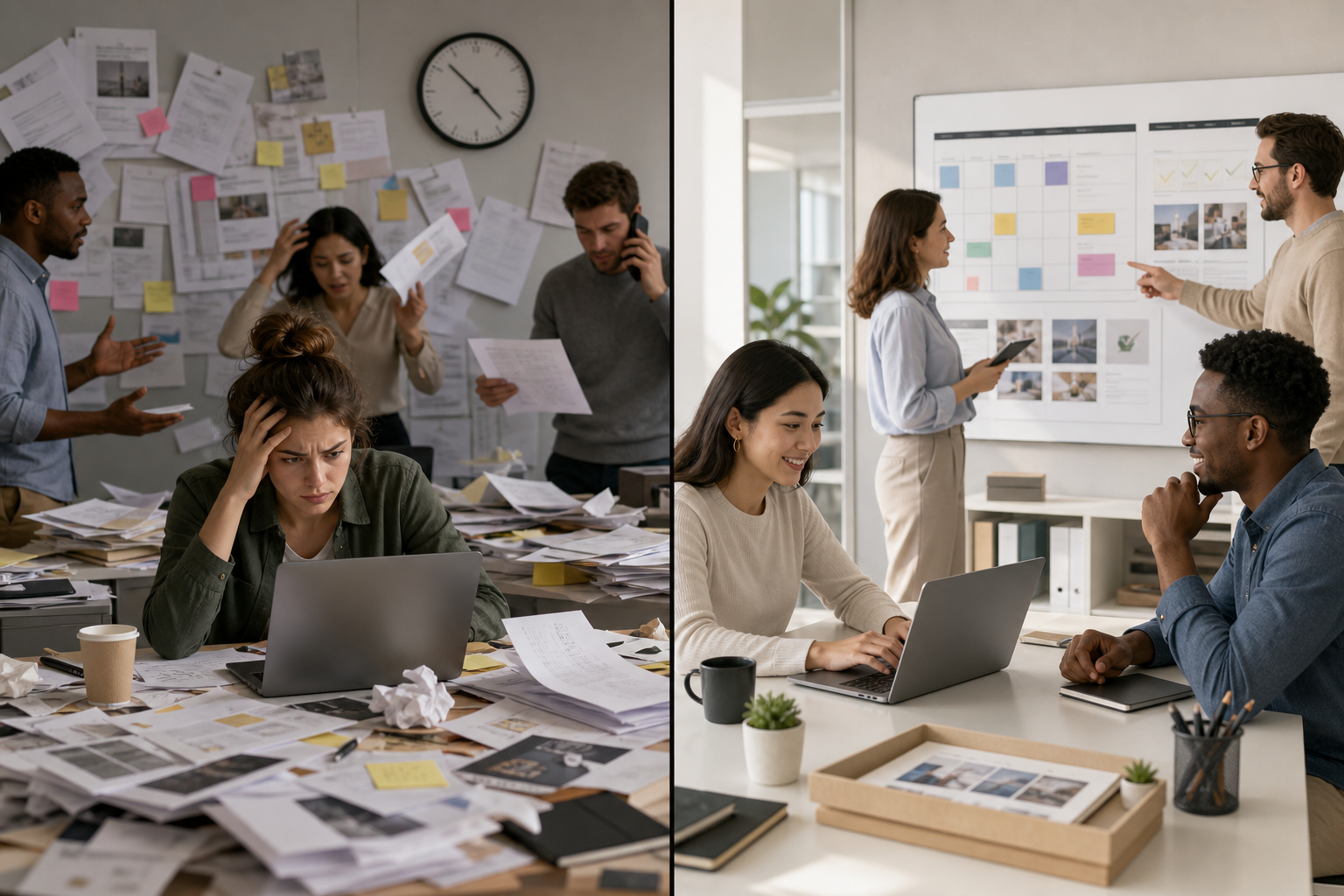 A side-by-side comparison of disorganized content production and a standardized content workflow.