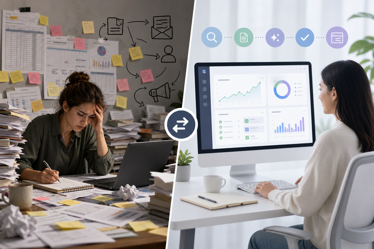 Comparison illustration contrasting a fragmented manual content workflow with a streamlined automated SEO content process in one dashboard.