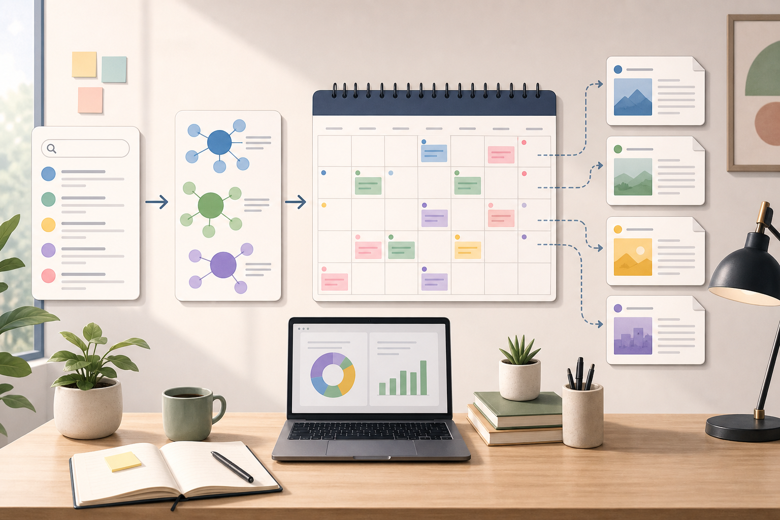 A content calendar connected to keyword clusters and draft articles in a publishing workflow.