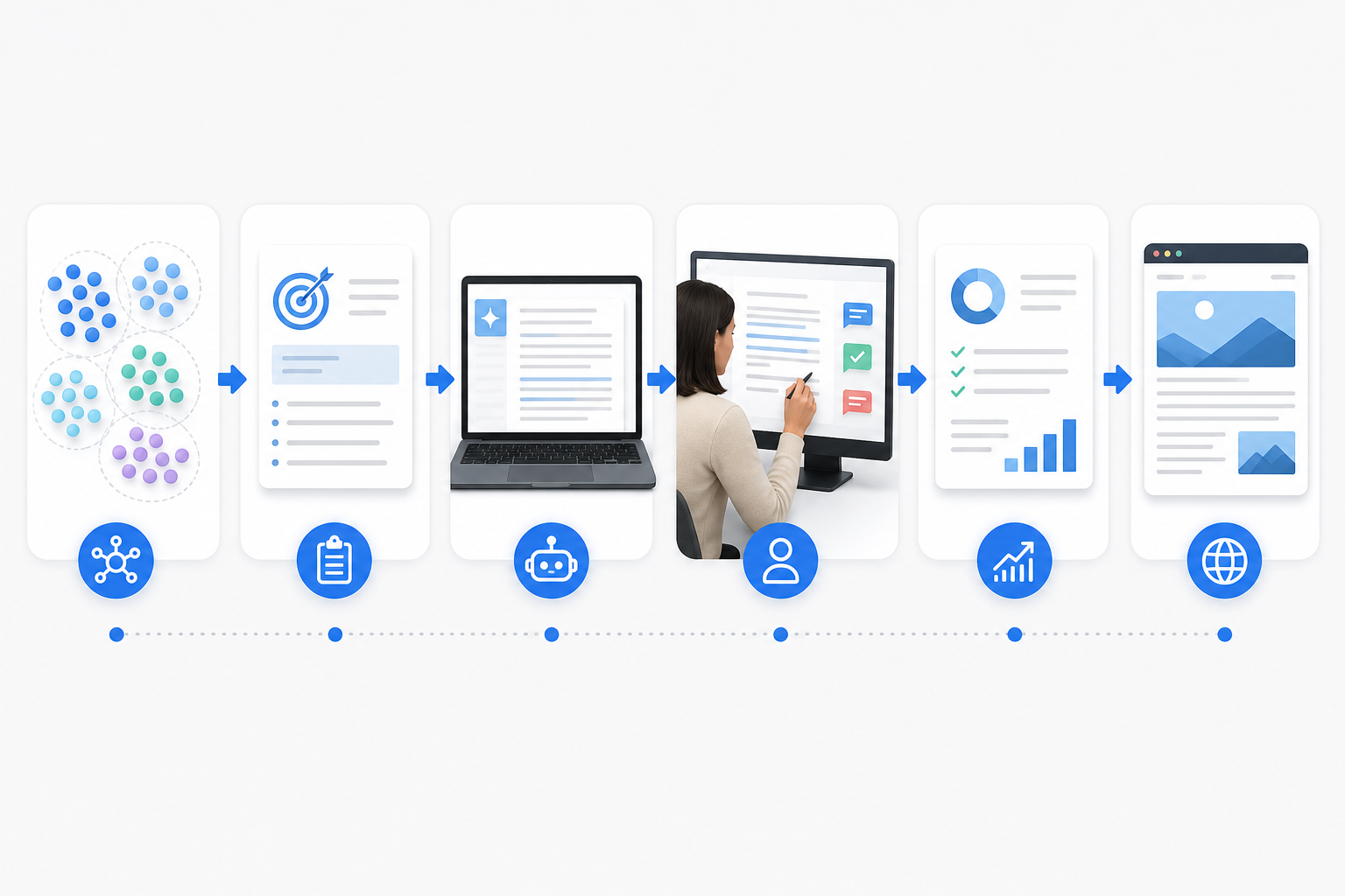 Diagram-style illustration of an AI SEO content workflow moving from keyword clustering to publishing.