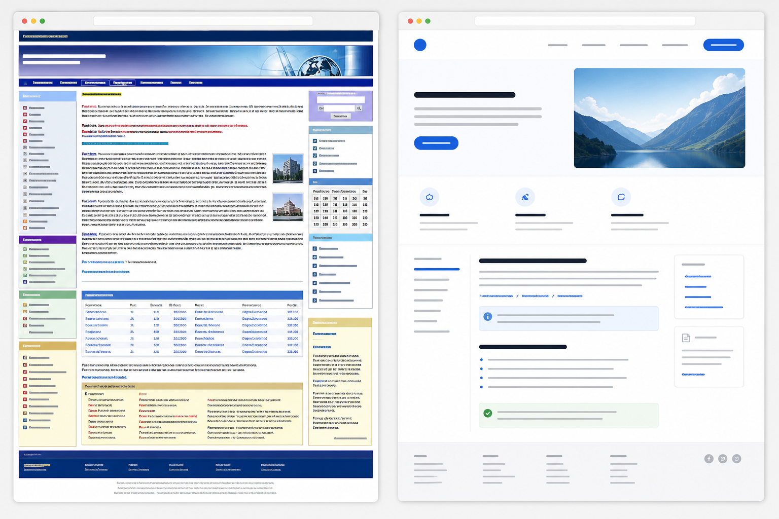 Side-by-side comparison of a cluttered web page and a well-structured page with clearer layout and internal linking