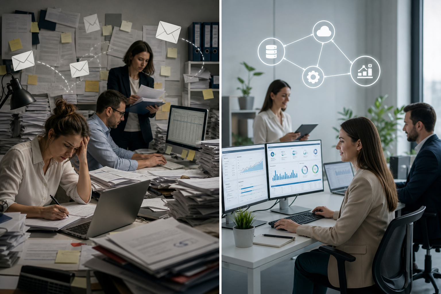 Porovnanie ručnej administratívy a automatizovaného digitálneho procesu v kancelárii.