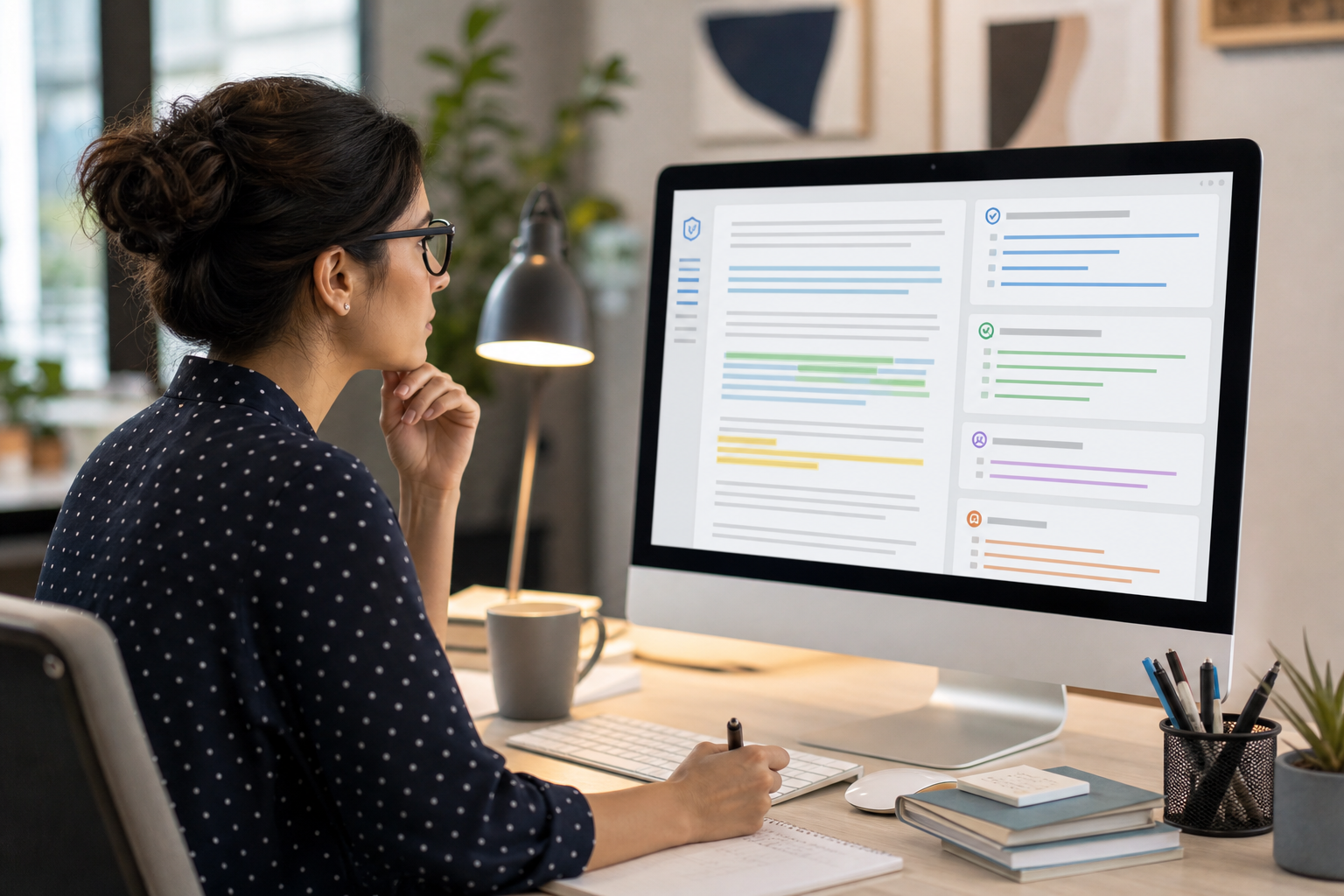 A strategist reviewing an AI-generated article draft alongside brand, SEO, and compliance checks.