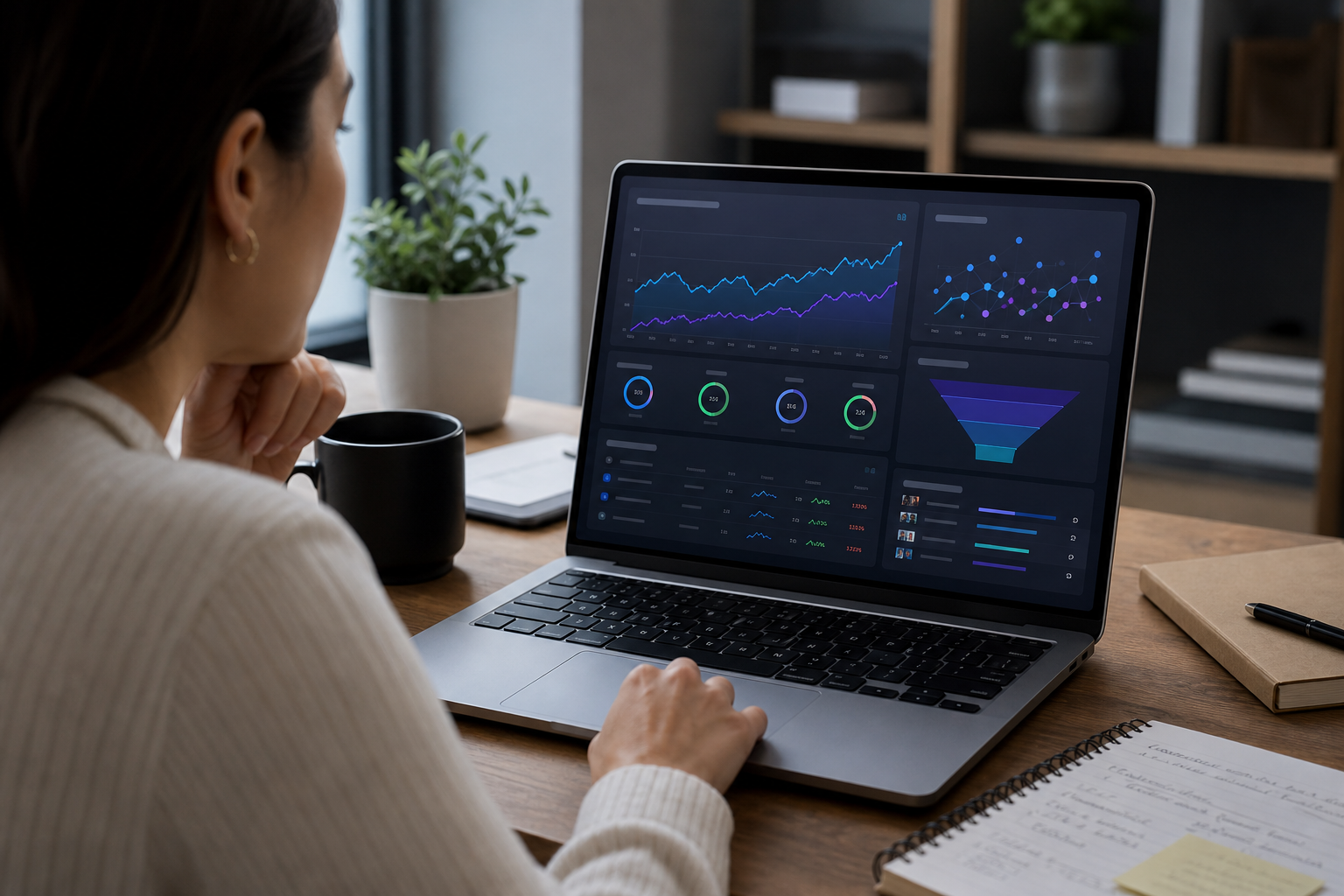 Editorial illustration of a marketer reviewing traffic, rankings, and conversion metrics after publishing AI-assisted content.