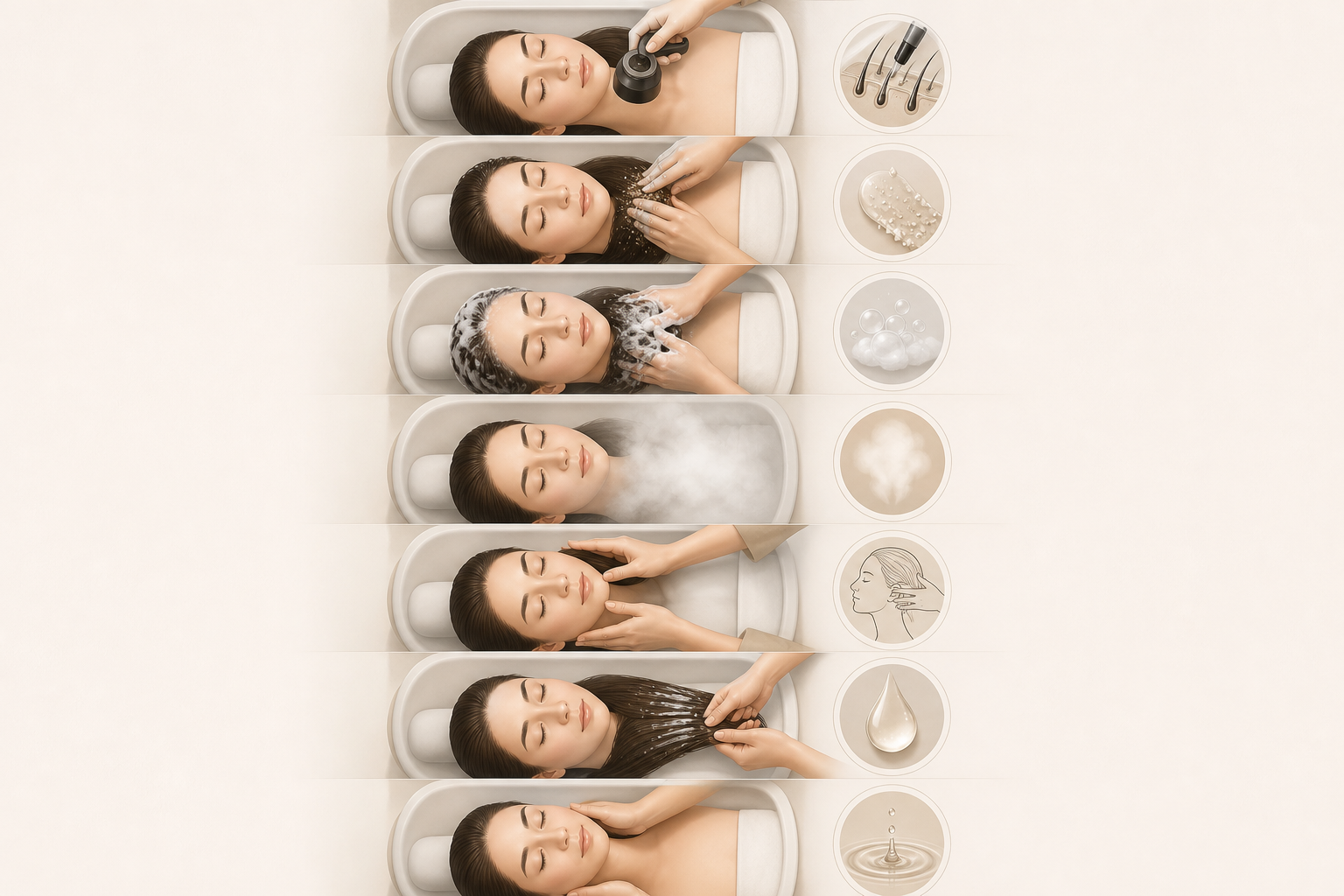 Ilustrácia jednotlivých krokov head spa rituálu od diagnostiky pokožky hlavy po masáž a hydratáciu vlasov.
