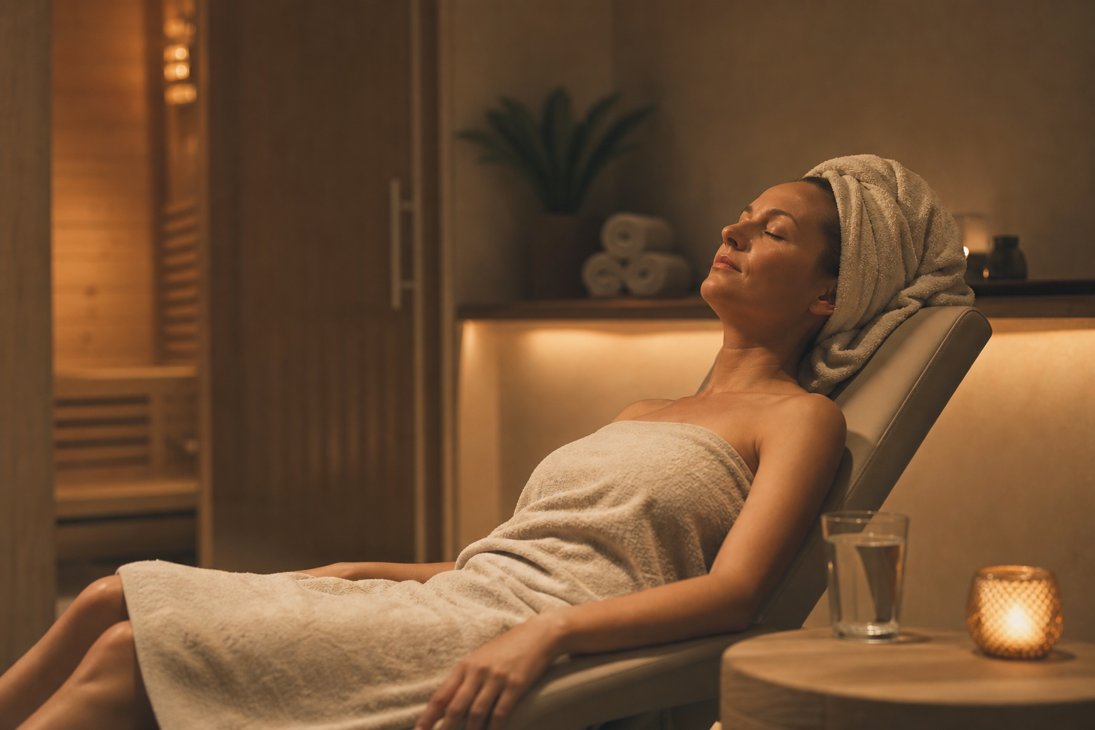 Žena oddychujúca v tichom wellness priestore po relaxačnej procedúre.