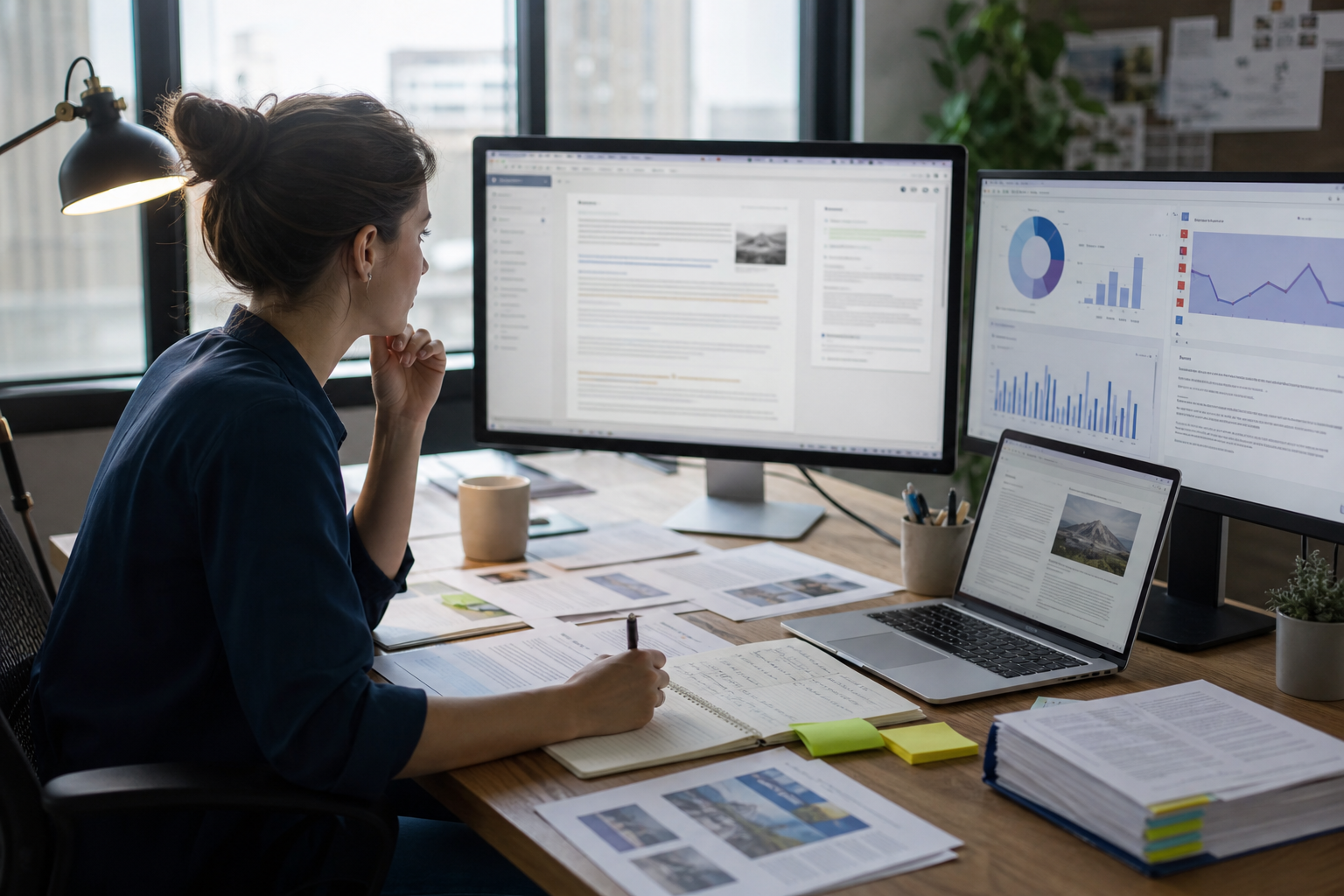 Illustration of a reviewer fact-checking and editing an AI-generated SEO article draft using source documents and an SEO brief.