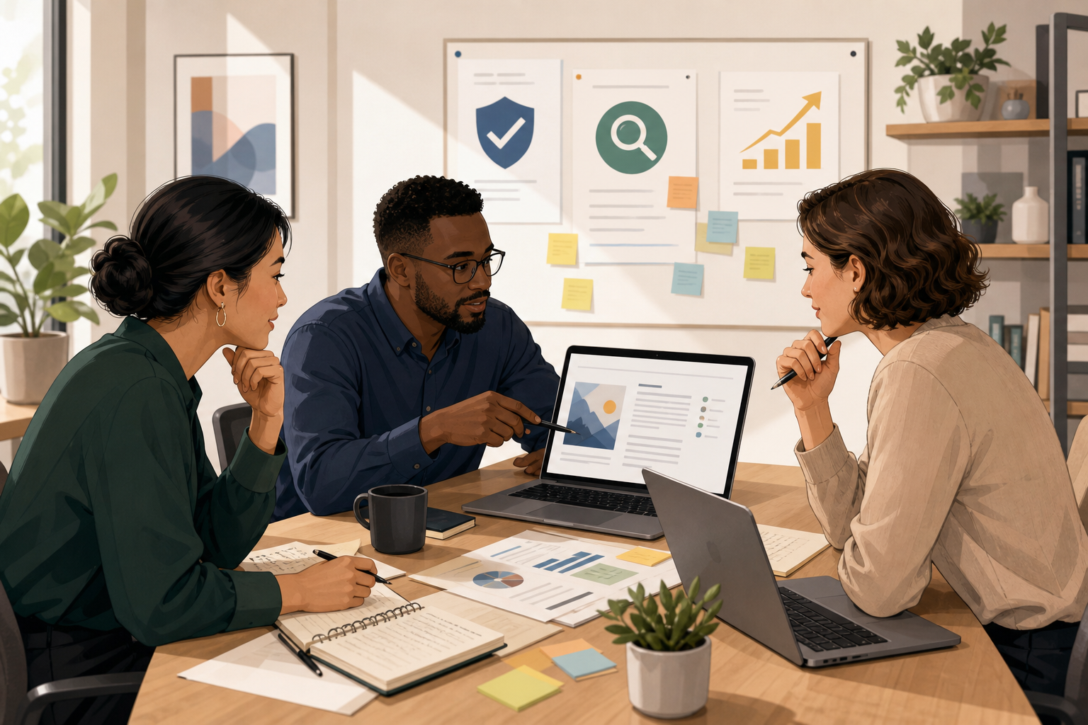 Illustration of a team reviewing AI-assisted content drafts before publication.