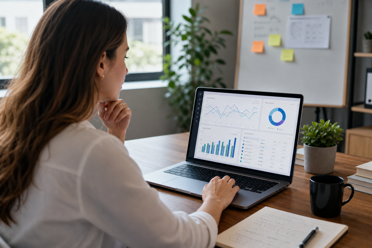 A marketer reviewing article performance and update priorities in a content analytics dashboard.