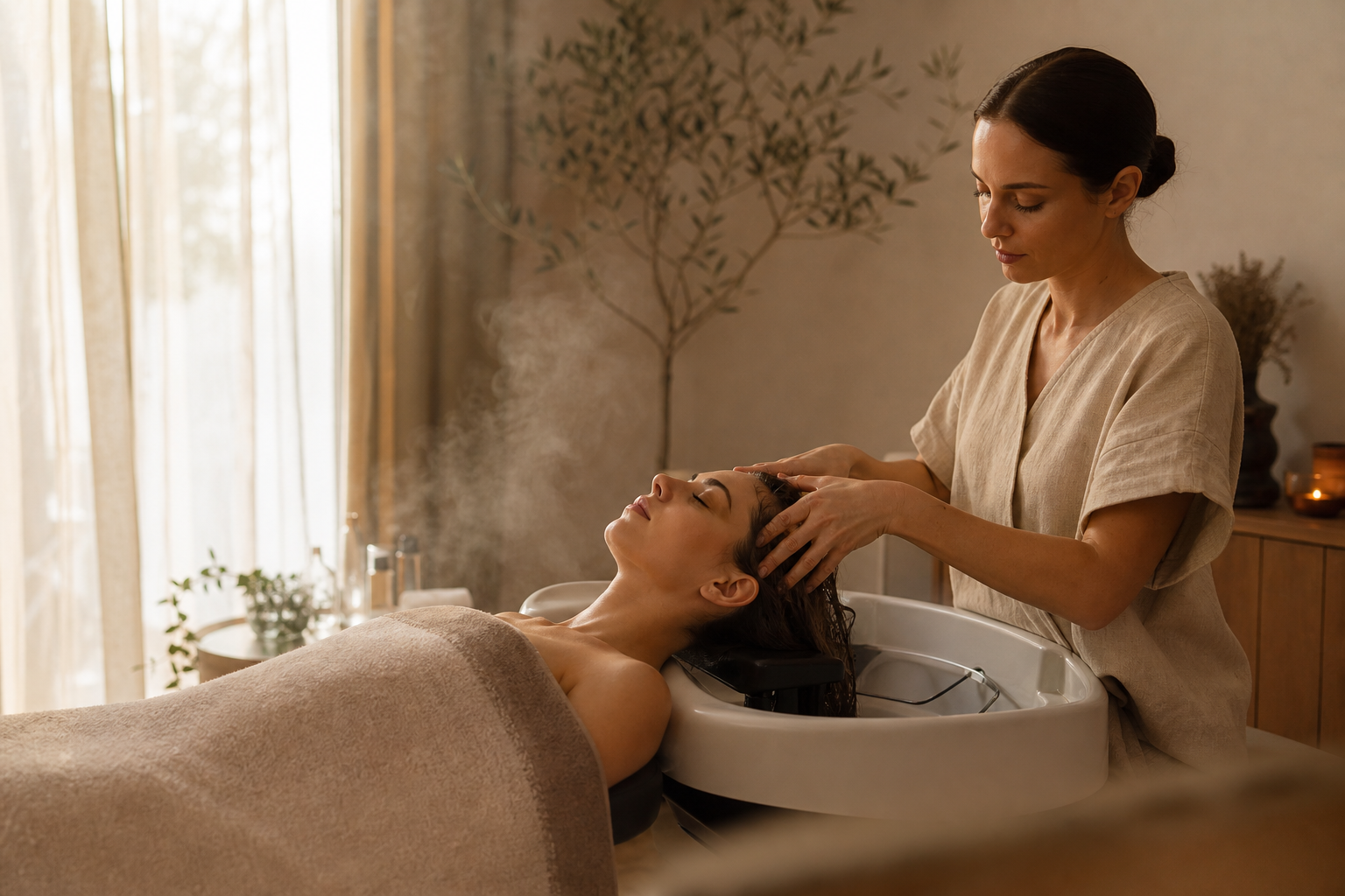 Žena počas relaxačného head spa rituálu na lehátku v pokojnom minimalistickom salóne.
