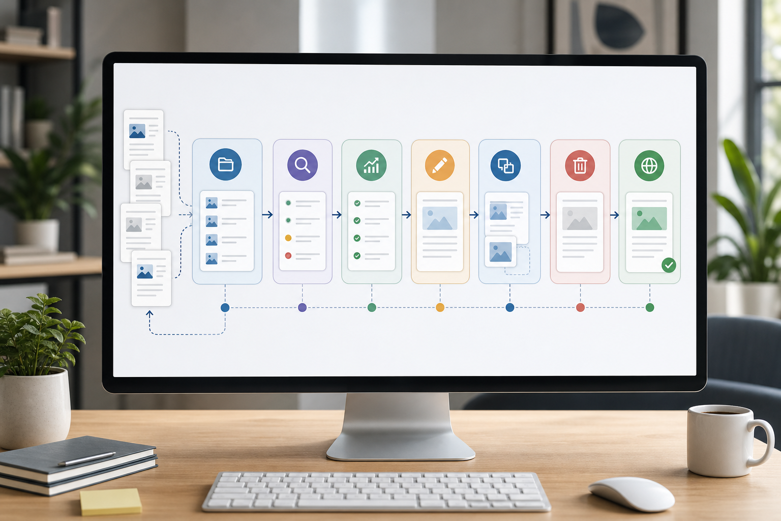 Illustration of a website content audit workflow moving pages through review and update stages