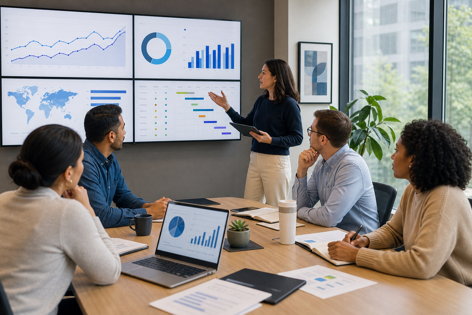 Marketing team reviewing content performance data and planning optimization based on shared metrics