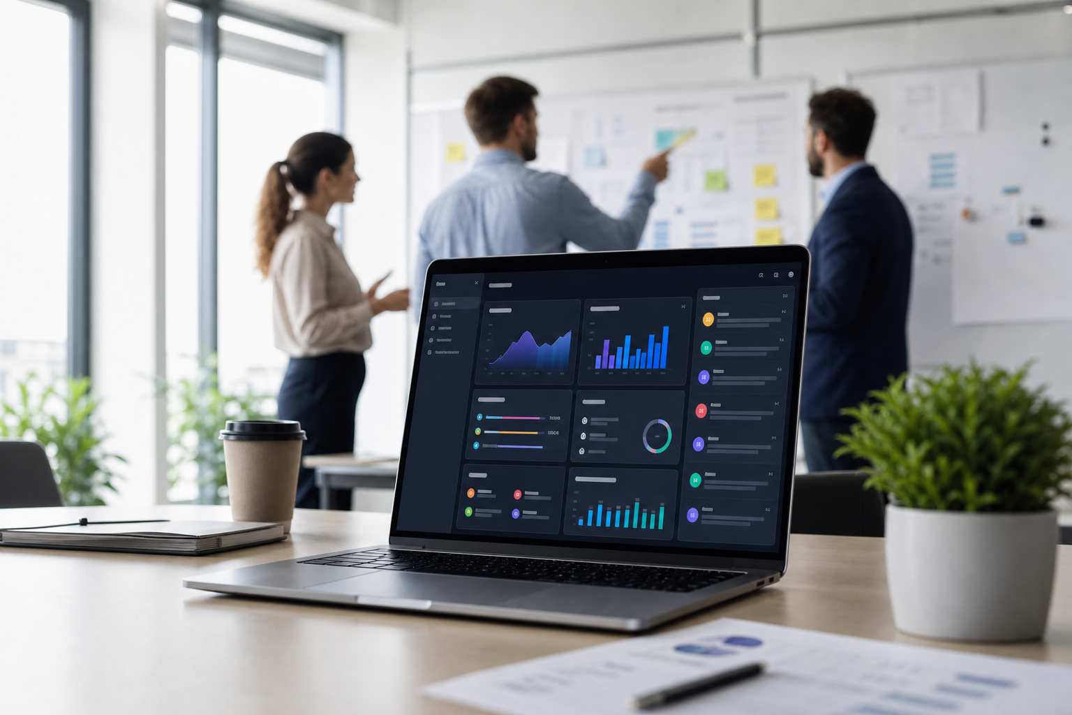Notebook s dashboardom webovej aplikácie na mieru zobrazujúci procesy, úlohy a prehľady.