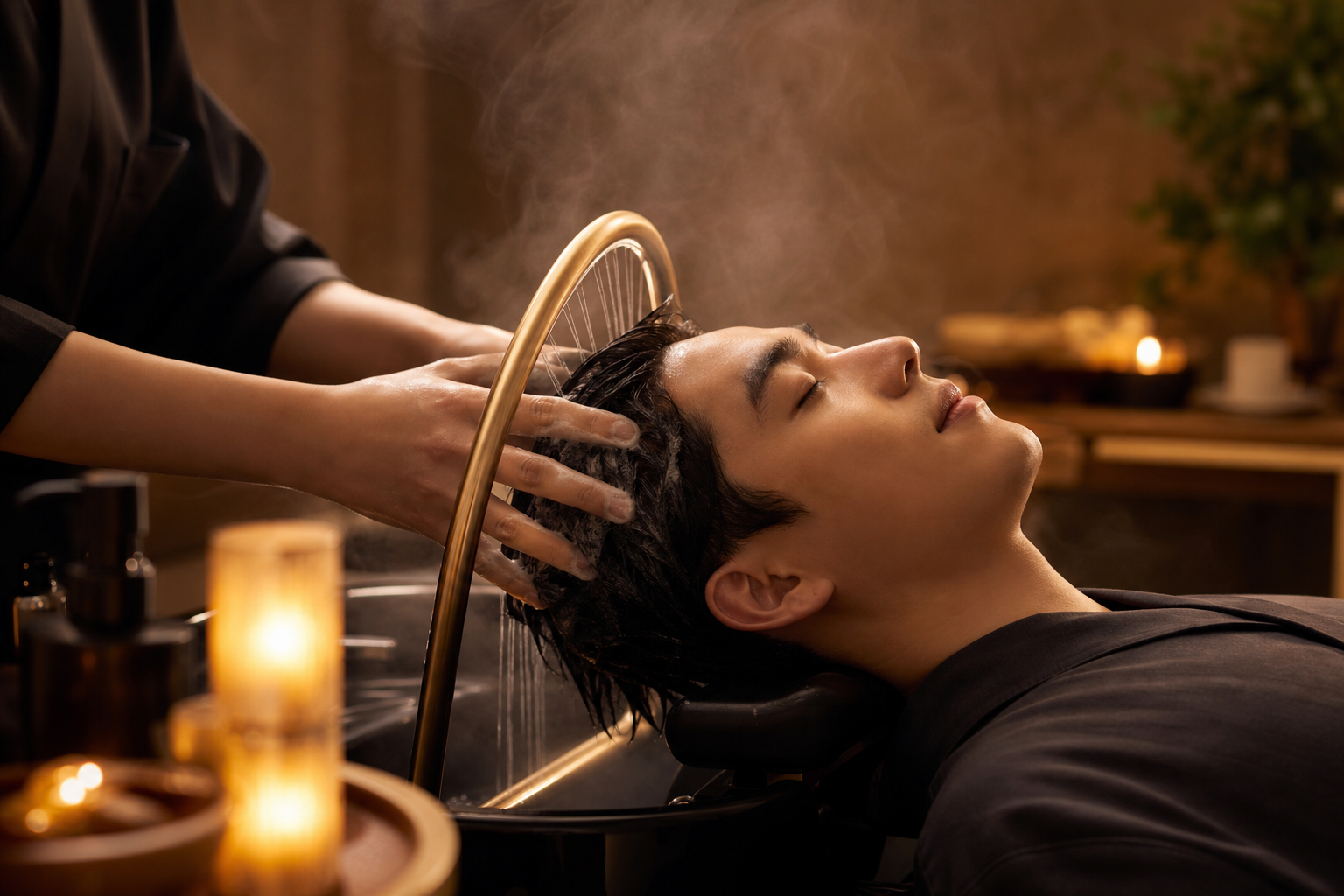 Človek pri relaxačnom head spa rituáli so zameraním na masáž vlasovej pokožky.