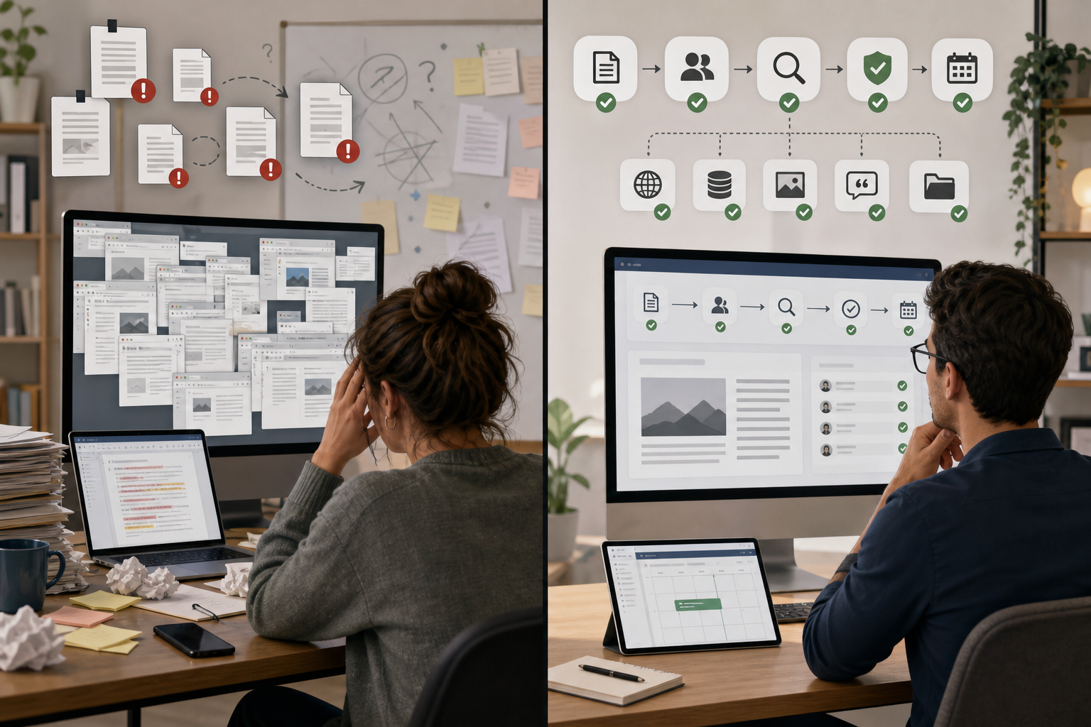 Comparison illustration of an unstructured AI publishing process versus a governed workflow with review checkpoints.