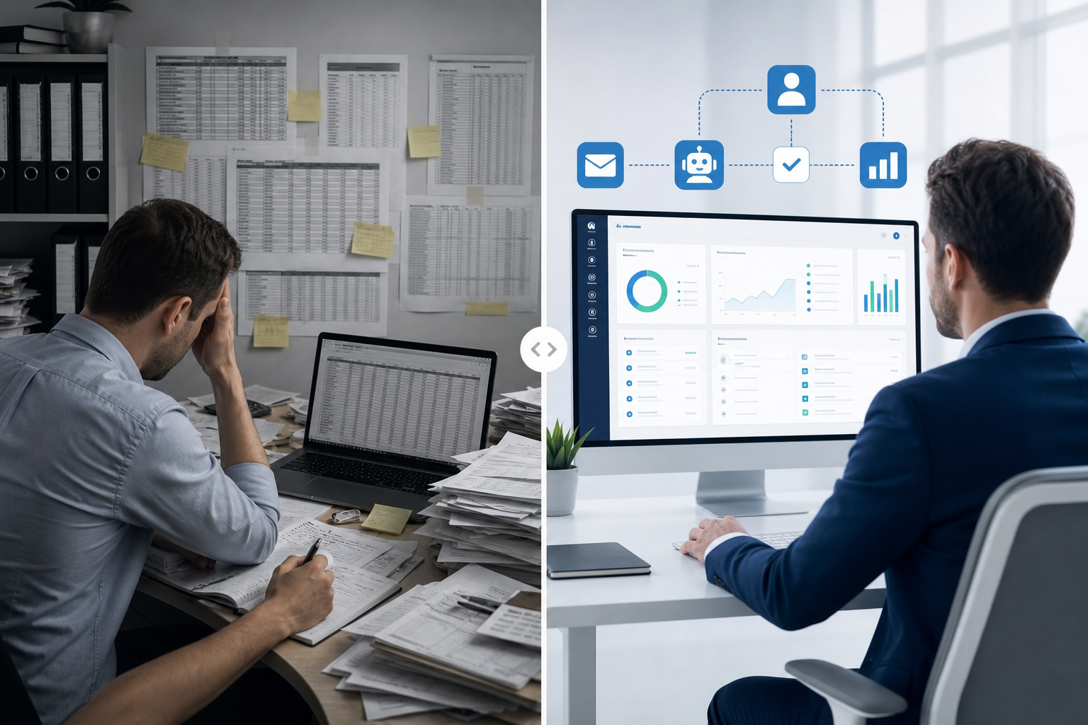 Porovnanie ručnej práce v tabuľkách a centralizovaného CRM systému s automatizáciou.