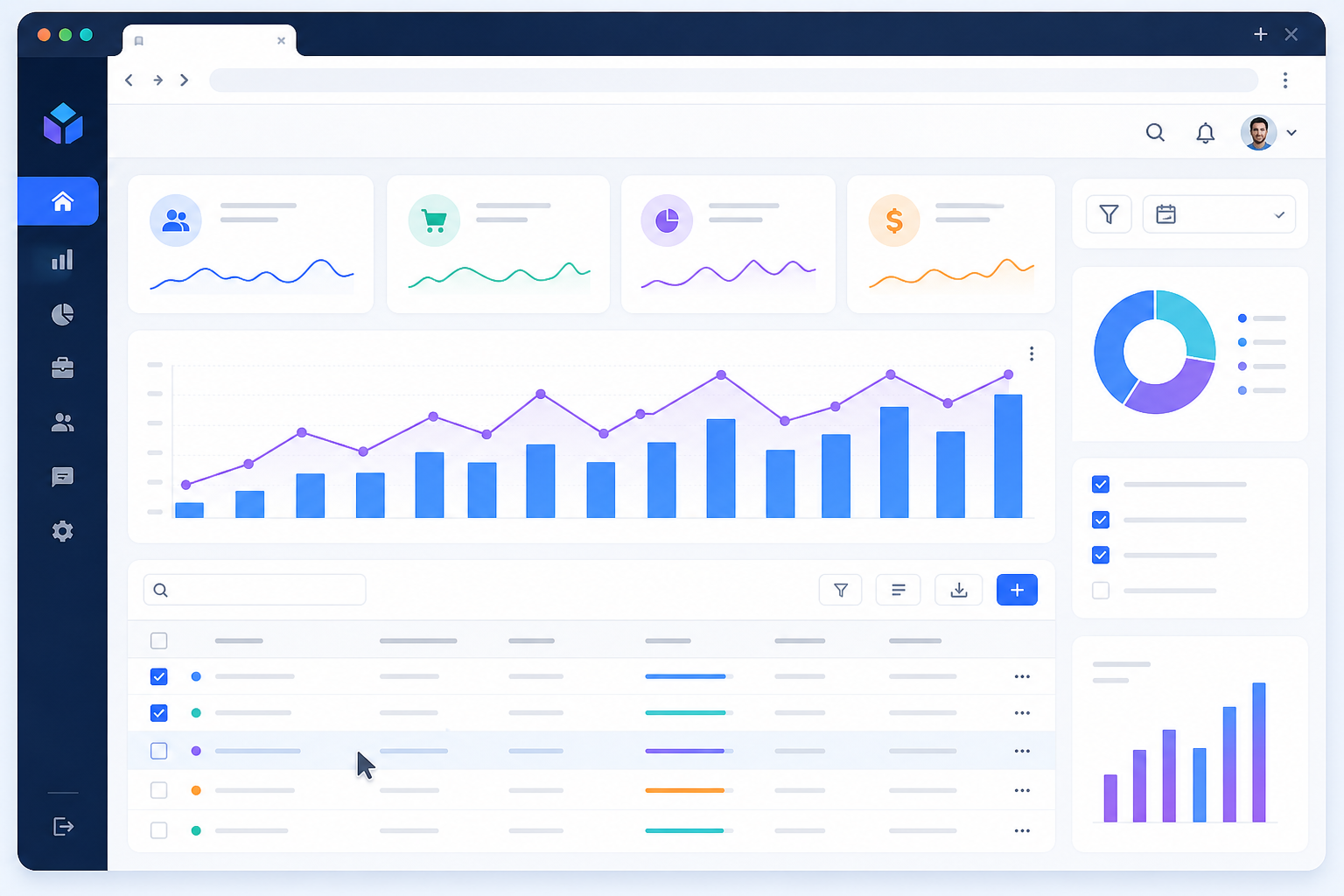 Ilustrácia webovej aplikácie s dashboardom, grafmi a interaktívnymi prvkami