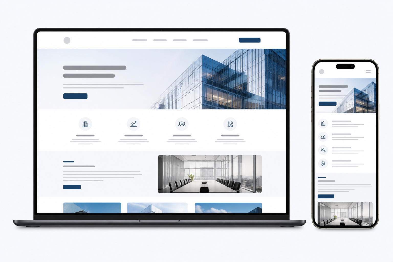 Desktopová a mobilná verzia firemného webu zobrazené vedľa seba na rôznych zariadeniach.