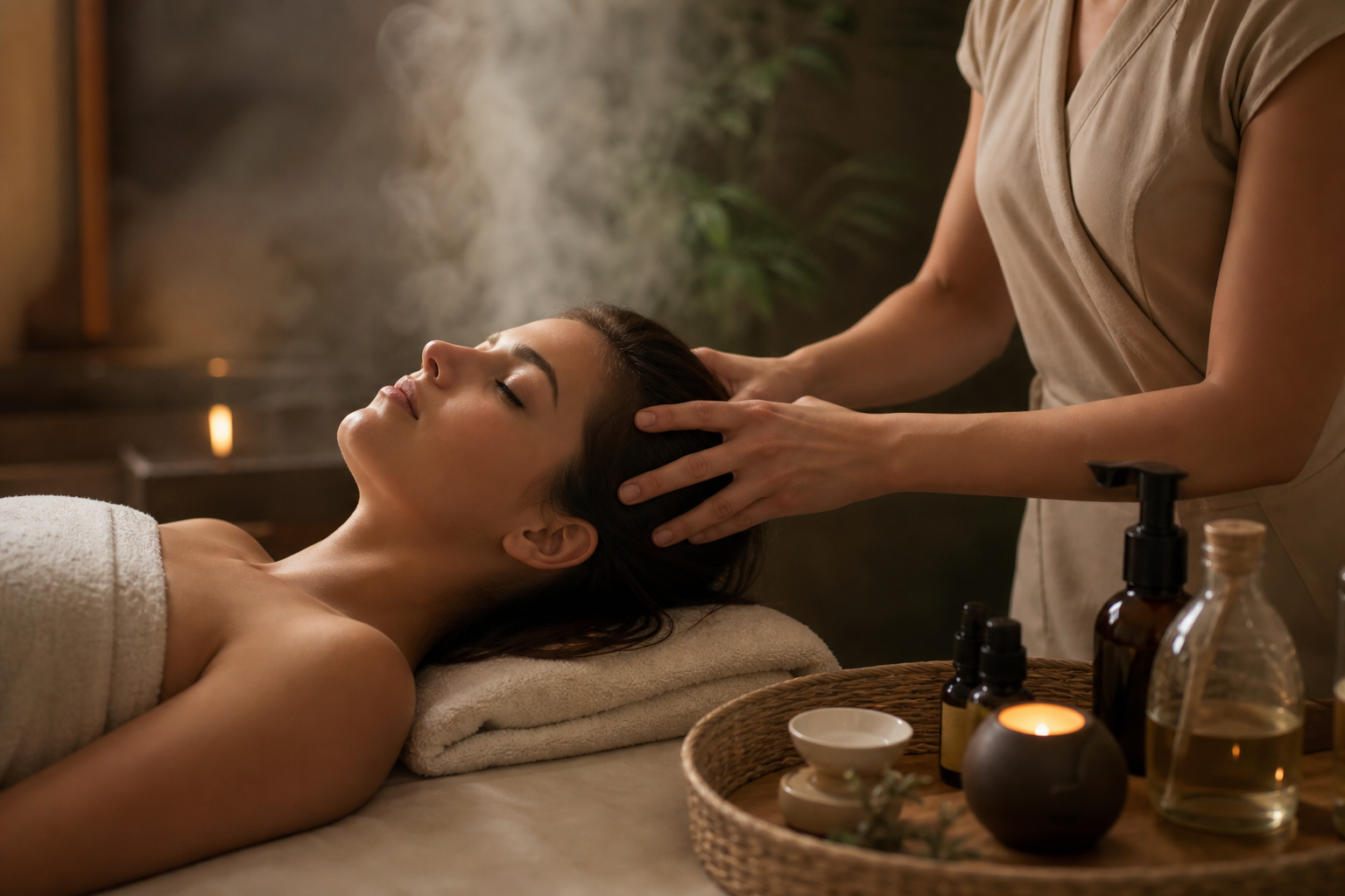 Jemná masáž hlavy počas wellness rituálu na lehátku v intímnom prostredí.
