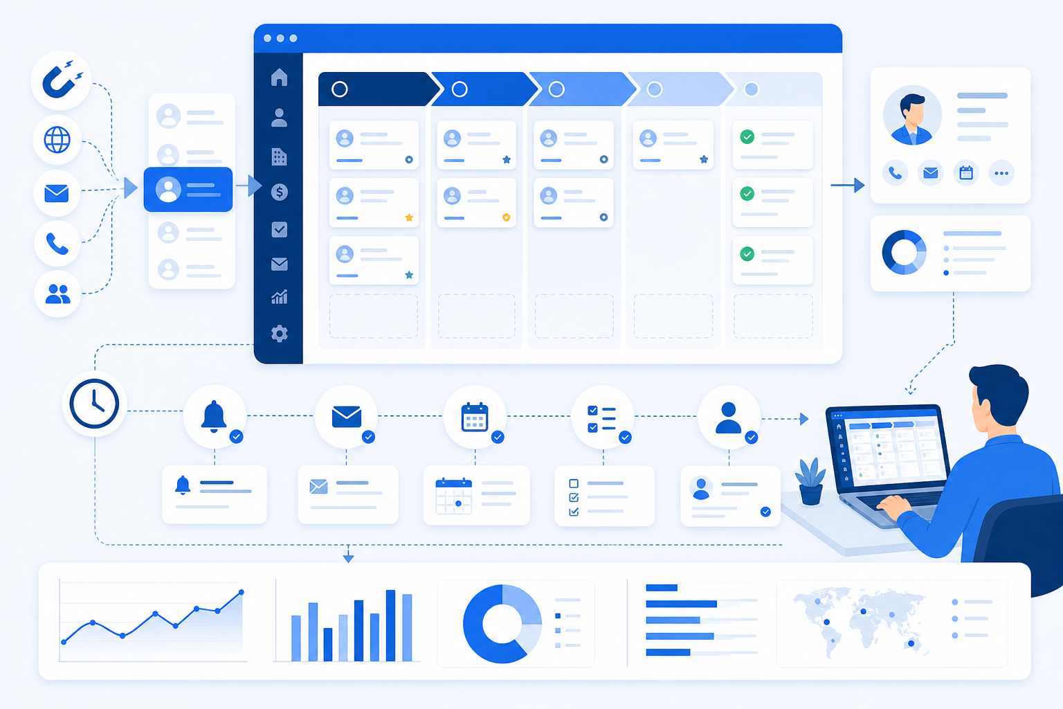 Vizualizácia obchodného workflow s automatizáciami a prehľadom úloh v CRM.