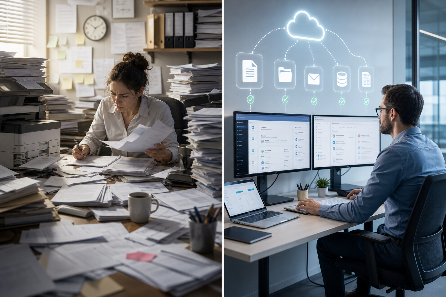 Porovnanie ručnej administratívy s prehľadným digitálnym workflow a automatizovanými prepojeniami.