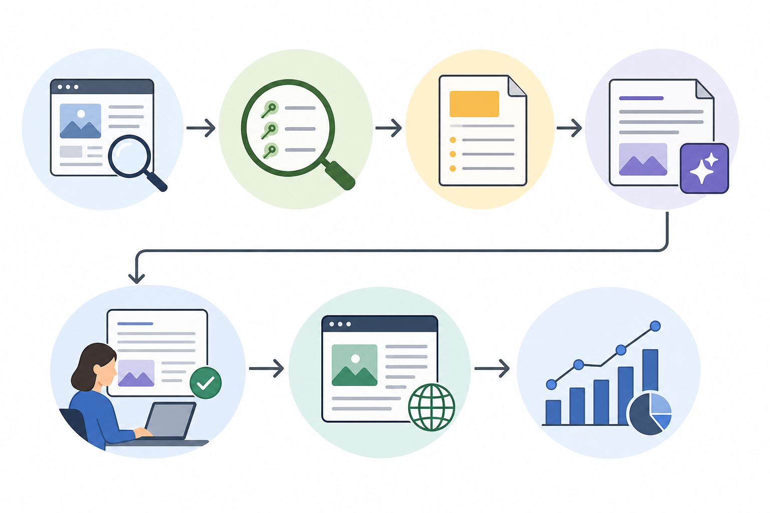Workflow illustration showing automated SEO content creation from analysis and keyword selection to drafting, review, publishing, and measurement.