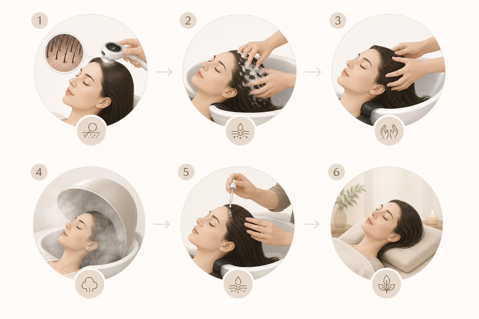Schématická ilustrácia jednotlivých krokov head spa rituálu od čistenia pokožky hlavy po relaxáciu.