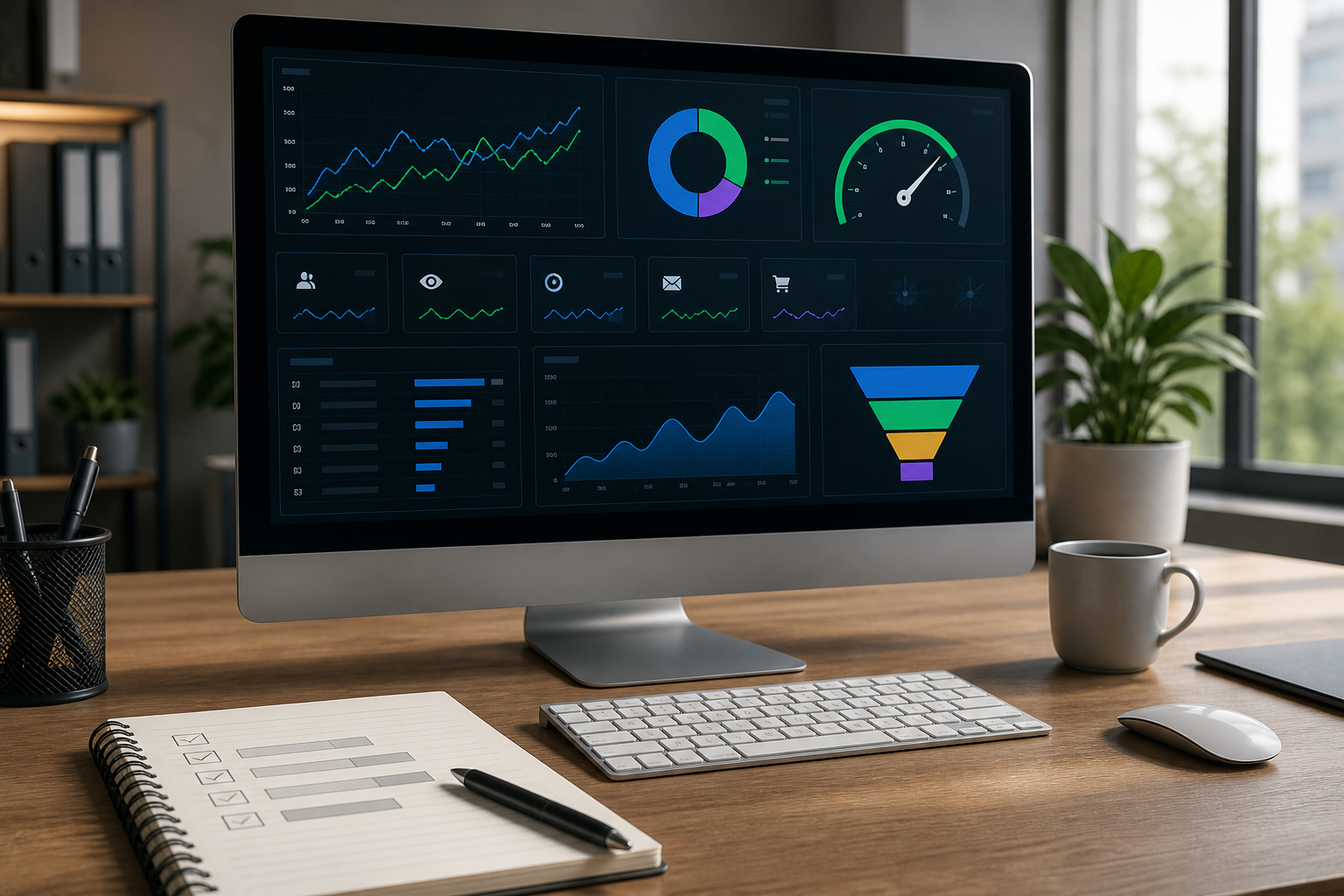 Monitor s analytickým dashboardom výkonu webu a plánom priorít na optimalizáciu stránky