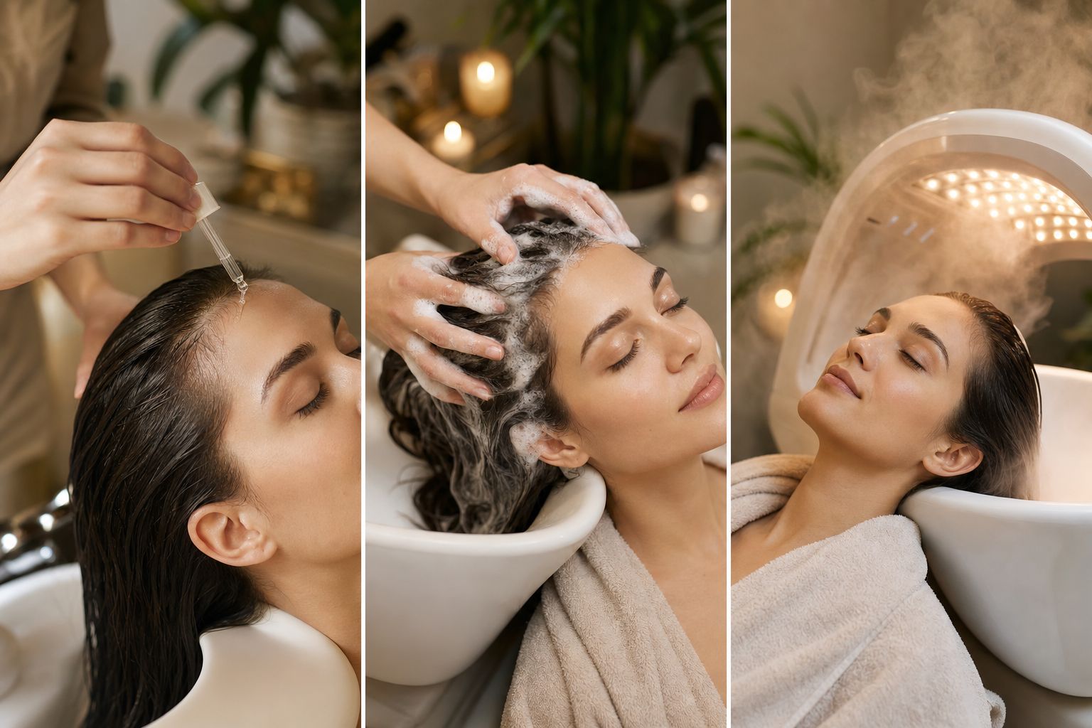 Vizuálne znázornenie krokov hĺbkového čistenia pokožky hlavy od exfoliácie po hydratačné ošetrenie.