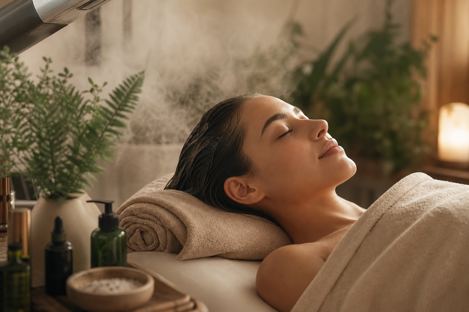 Relaxačný rituál starostlivosti o pokožku hlavy s parou, uterákom a prírodnými vlasovými produktmi v spa prostredí.