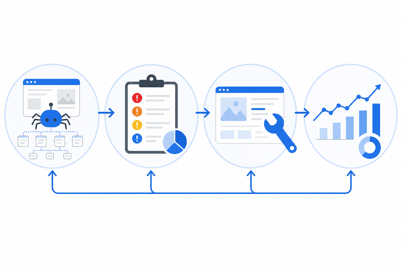 Illustrated workflow showing website crawl, issue prioritization, on-page fixes, and measurement as connected steps