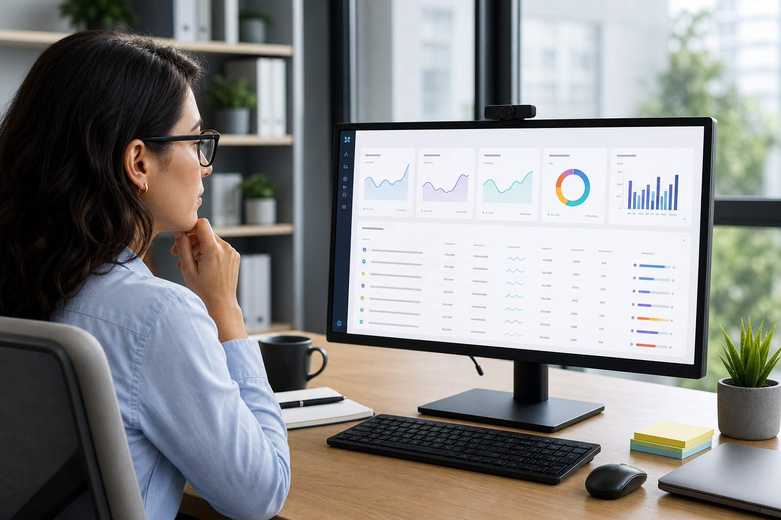 Content strategist reviewing page performance metrics for multiple website URLs on an analytics dashboard