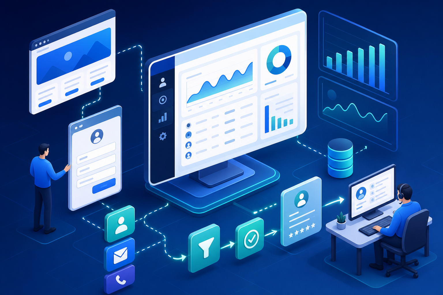 Ilustrácia prepojenia firemnej webovej stránky s formulármi, CRM a analytikou.