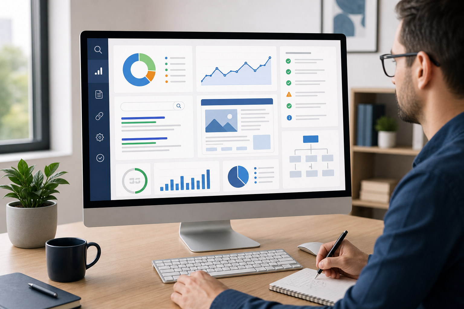 Desktop monitor showing a website SEO audit interface with charts, content pages, and technical checklists in a modern office setting