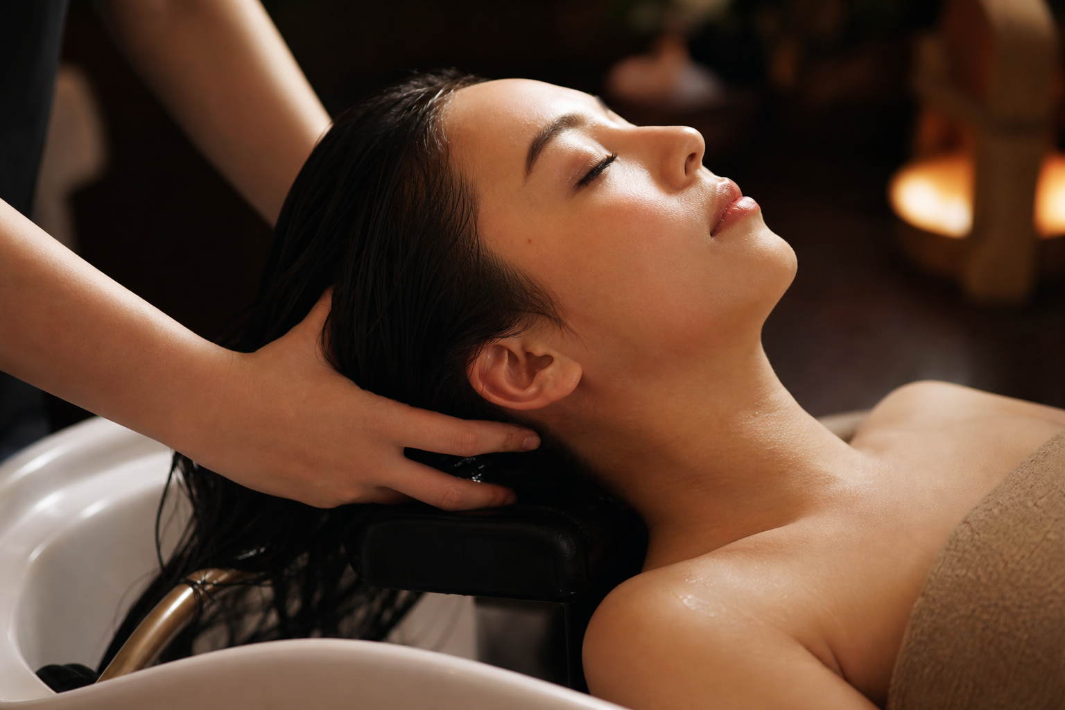 Detail masáže hlavy, šije a ramien počas relaxačného head spa rituálu.