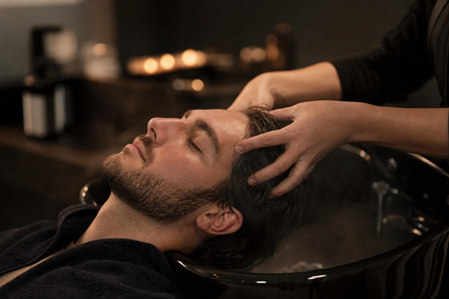 Človek s privretými očami počas jemnej masáže hlavy v tichej wellness atmosfére.