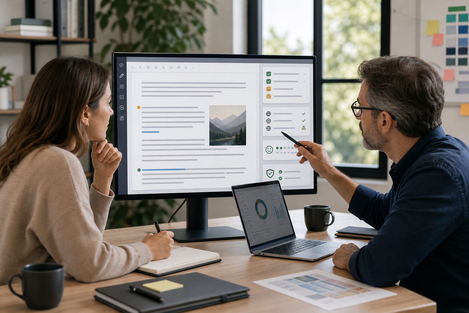 Illustration of a marketer and subject expert reviewing an AI-generated SEO article draft for quality and compliance.