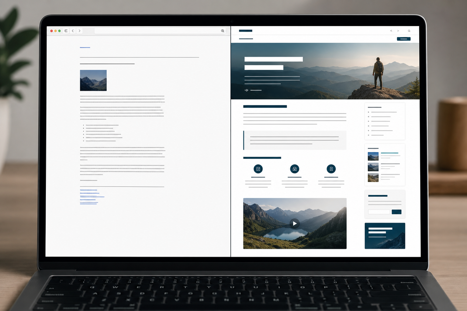 Side-by-side comparison of a weak web page and an improved well-structured page on a laptop screen