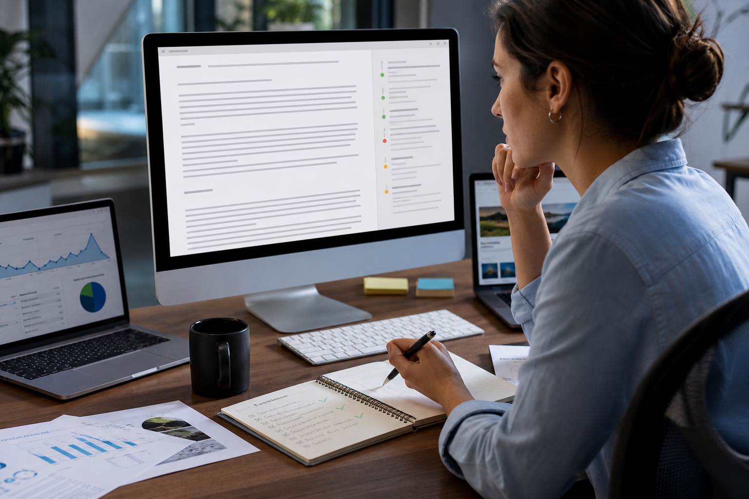 Illustration of a marketer reviewing an AI-generated SEO article draft with checklist notes and analytics on screen.